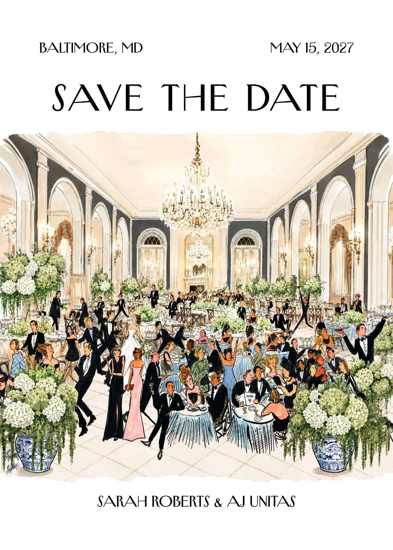 Illustrated save the date: Sarah Roberts and AJ Unitas, May 15, 2027, Baltimore, Maryland